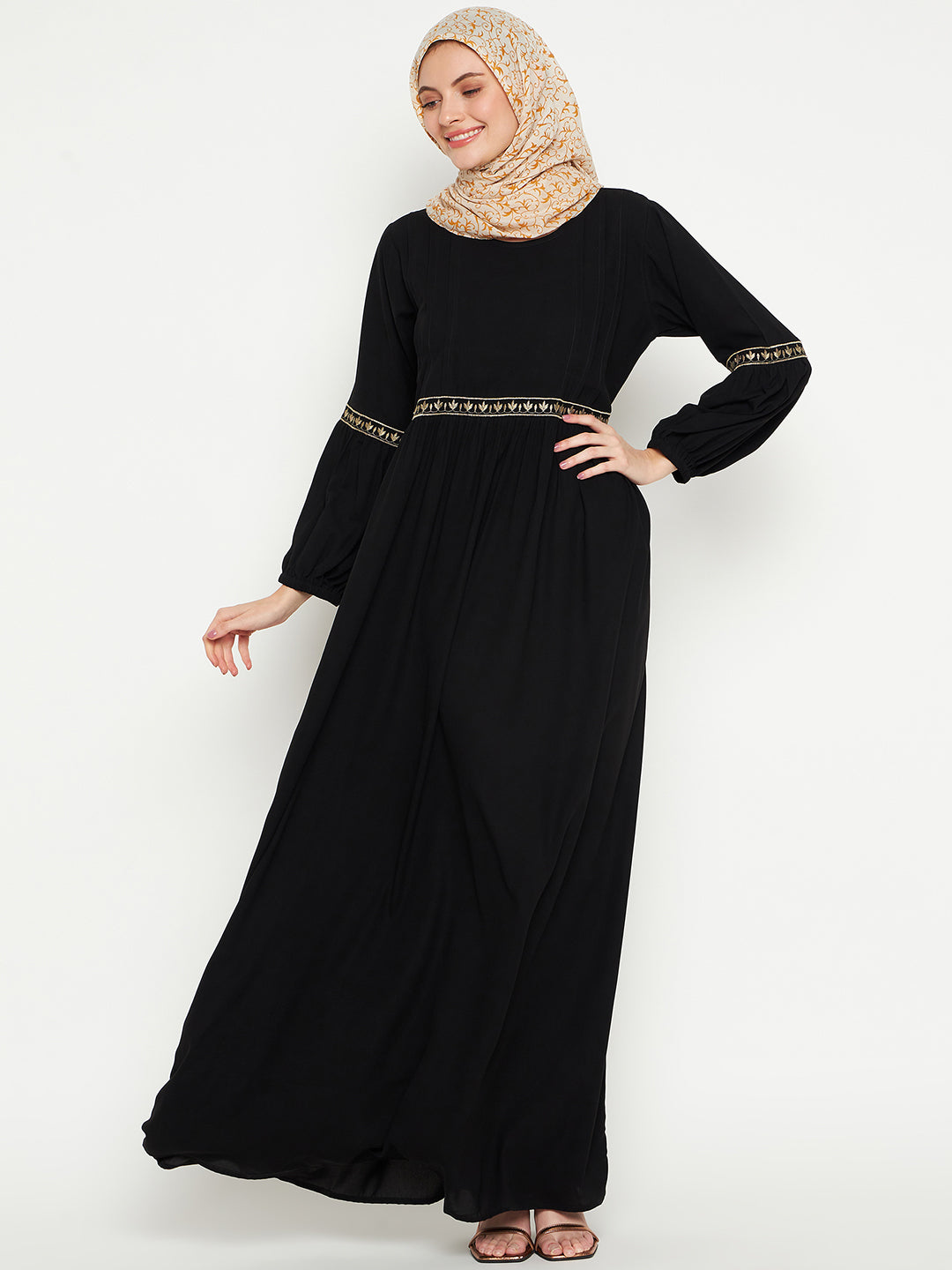Nabia Women Embroidery Black Abaya/Burqa With Black Georgette Scarf