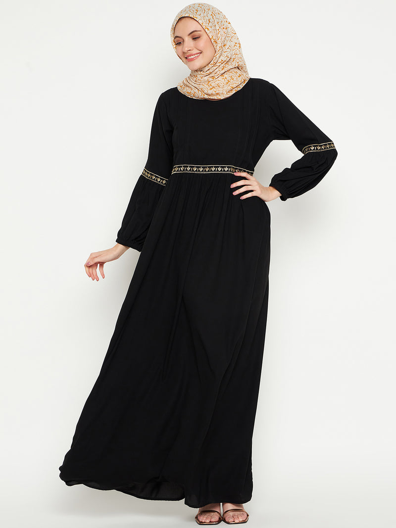 Nabia Women Embroidery Black Solid Abaya Burqa With Black Georgette Scarf