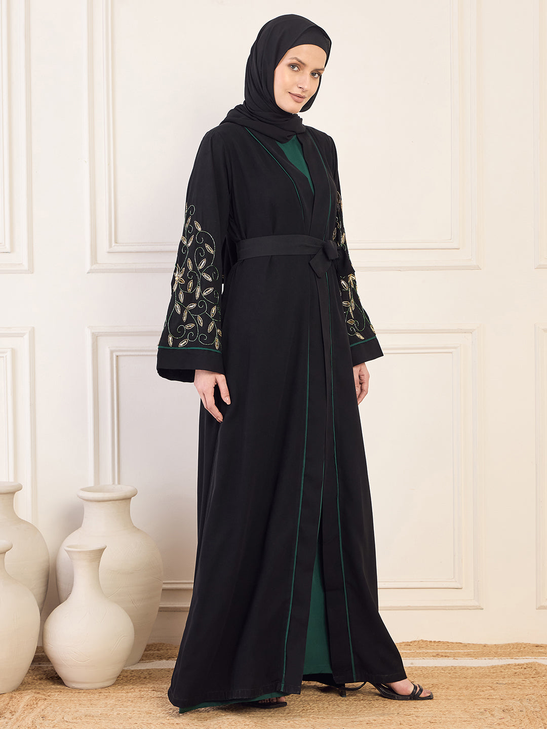 Nabia Black and Bottle Green Solid Luxury Handworked Abaya Burqa for Women with Black Hijab