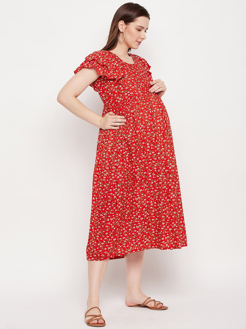 Nabia Women Red Floral Printed Pre and Post Pregnancy / Maternity Dress
