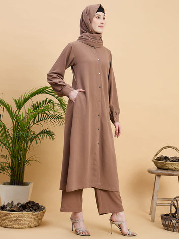 Rust Front Open Co-ord Set for Women with Matching Hijab