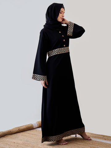 Embroidered Bell Sleeves Black Abaya Burqa With Black Georgette Hijab