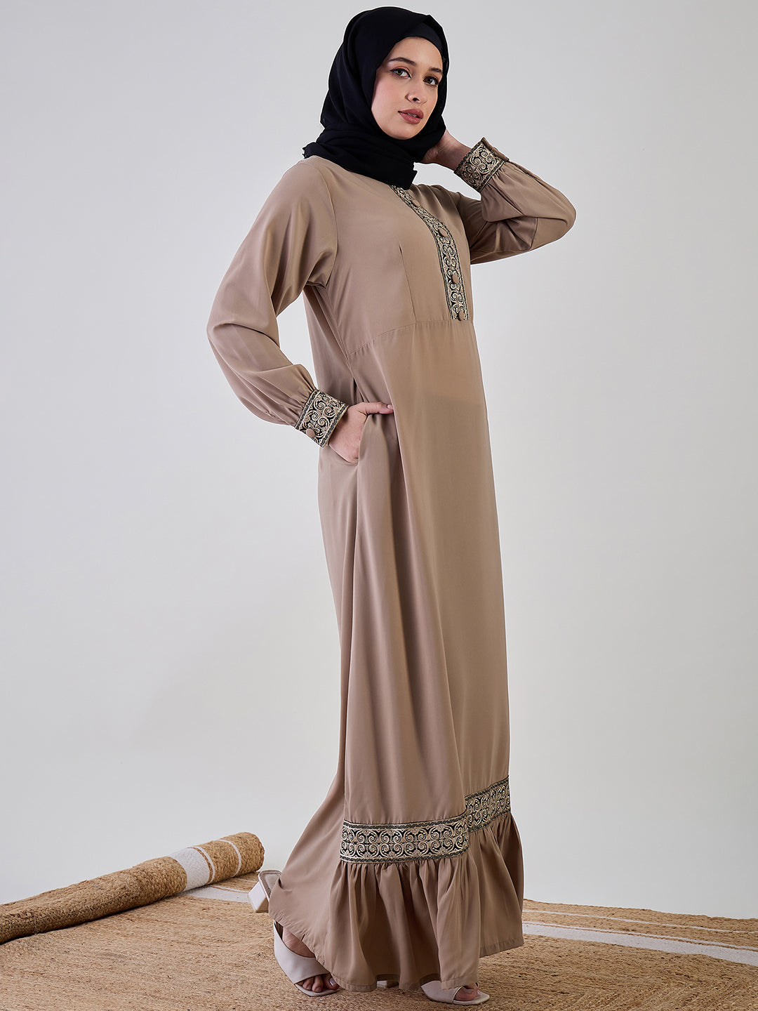 Nabia Embroidery Beige Abaya with Black Georgette Hijab
