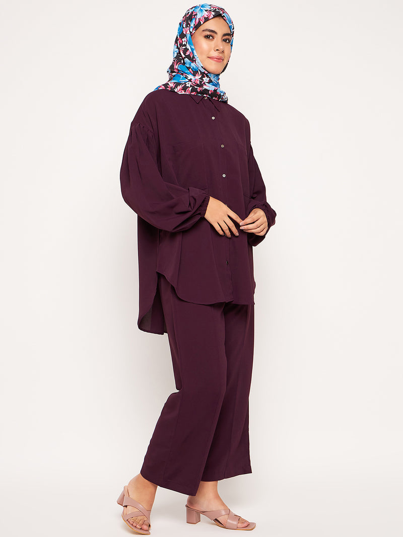 Nabia Purple Solid Puffed Sleeves Co-ord Set for Women