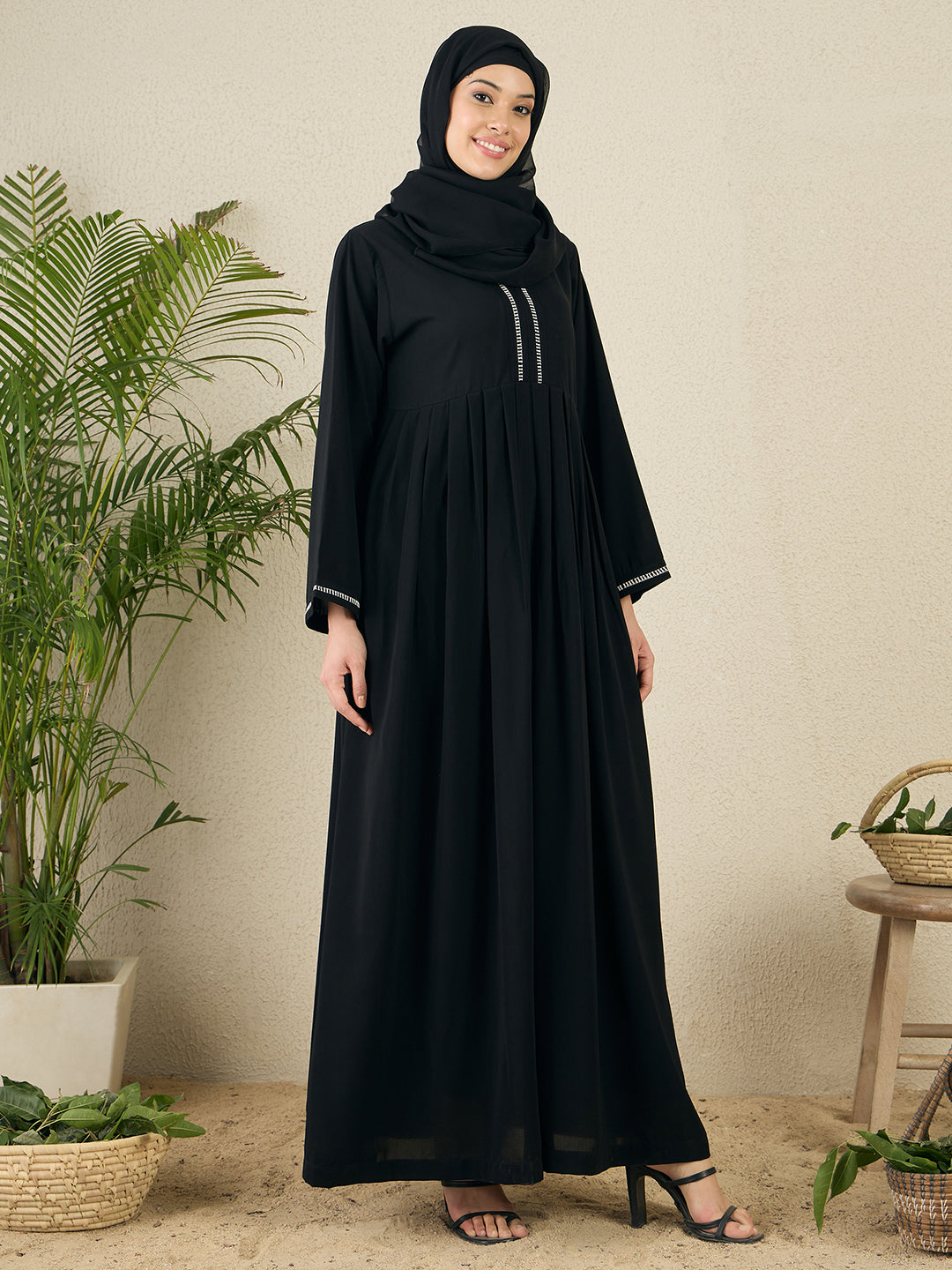 Black Embroidery Nida Matte Abaya with Black Scarf