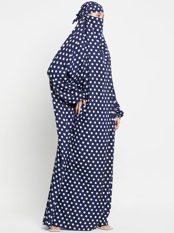 Nabia Blue and White Polka Dot Printed Free Size Jilbab Abaya for Girls and Women