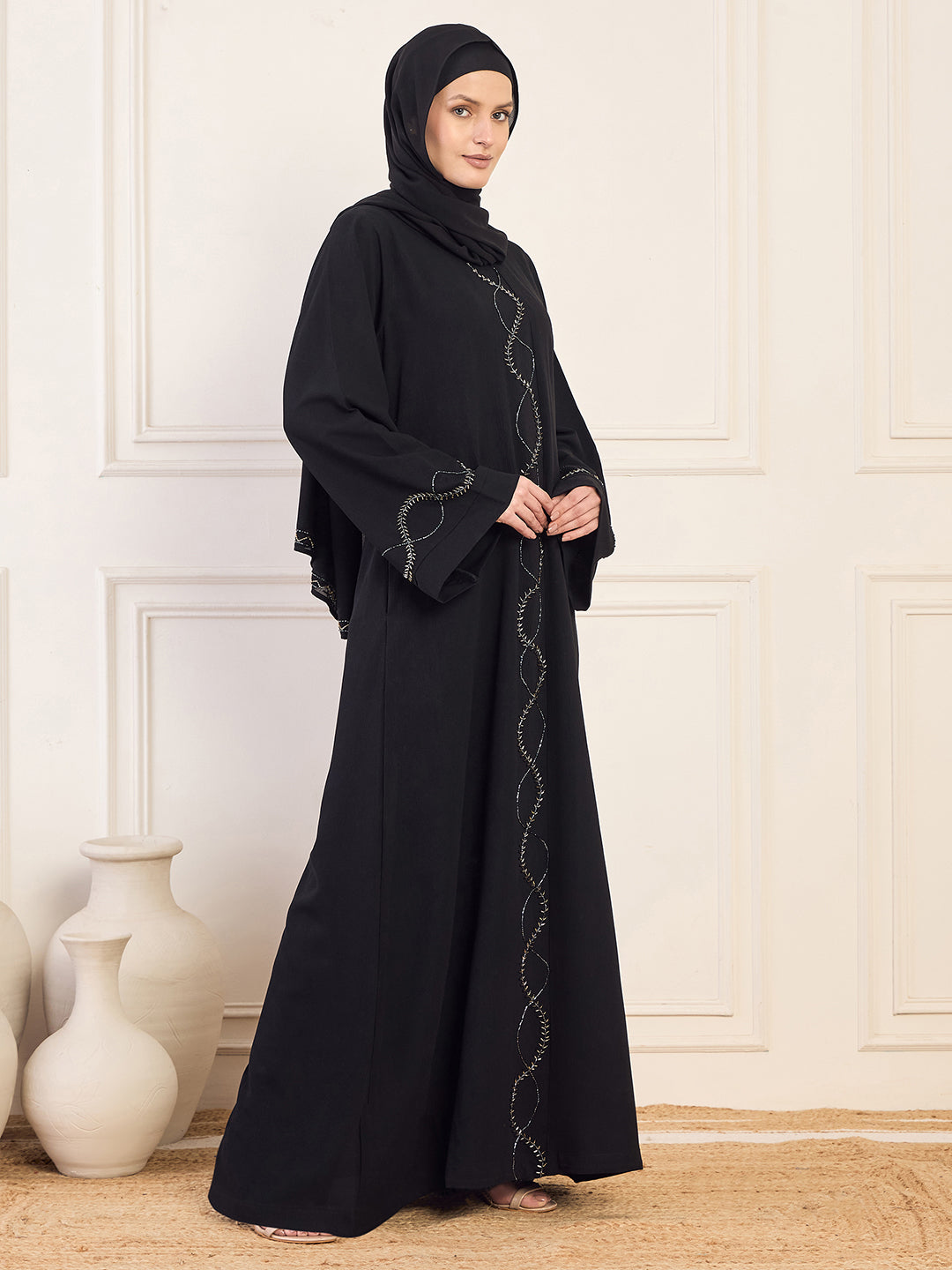 Nabia Black Solid Luxury Abaya Burqa Handwork Detailing & Bell Sleeves for Women with Black Hijab
