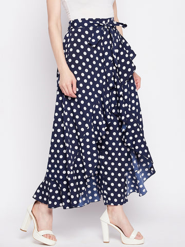 Nabia Blue Polka Printed Ruffled Flared Maxi Skirt With Attached Trousers