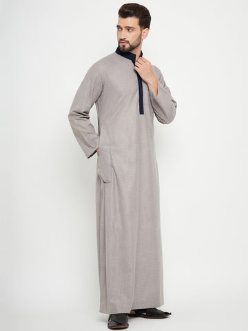 Nabia Grey Solid Band Collar Thobe / Jubba For Men with Blue Piping Design