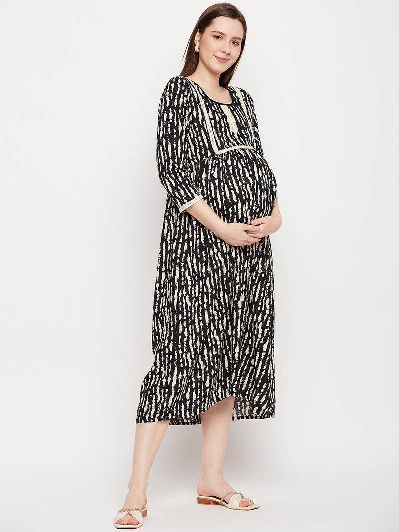 Nabia Women Black & Beige Printed Pre and Post Pregnancy / Maternity Dress