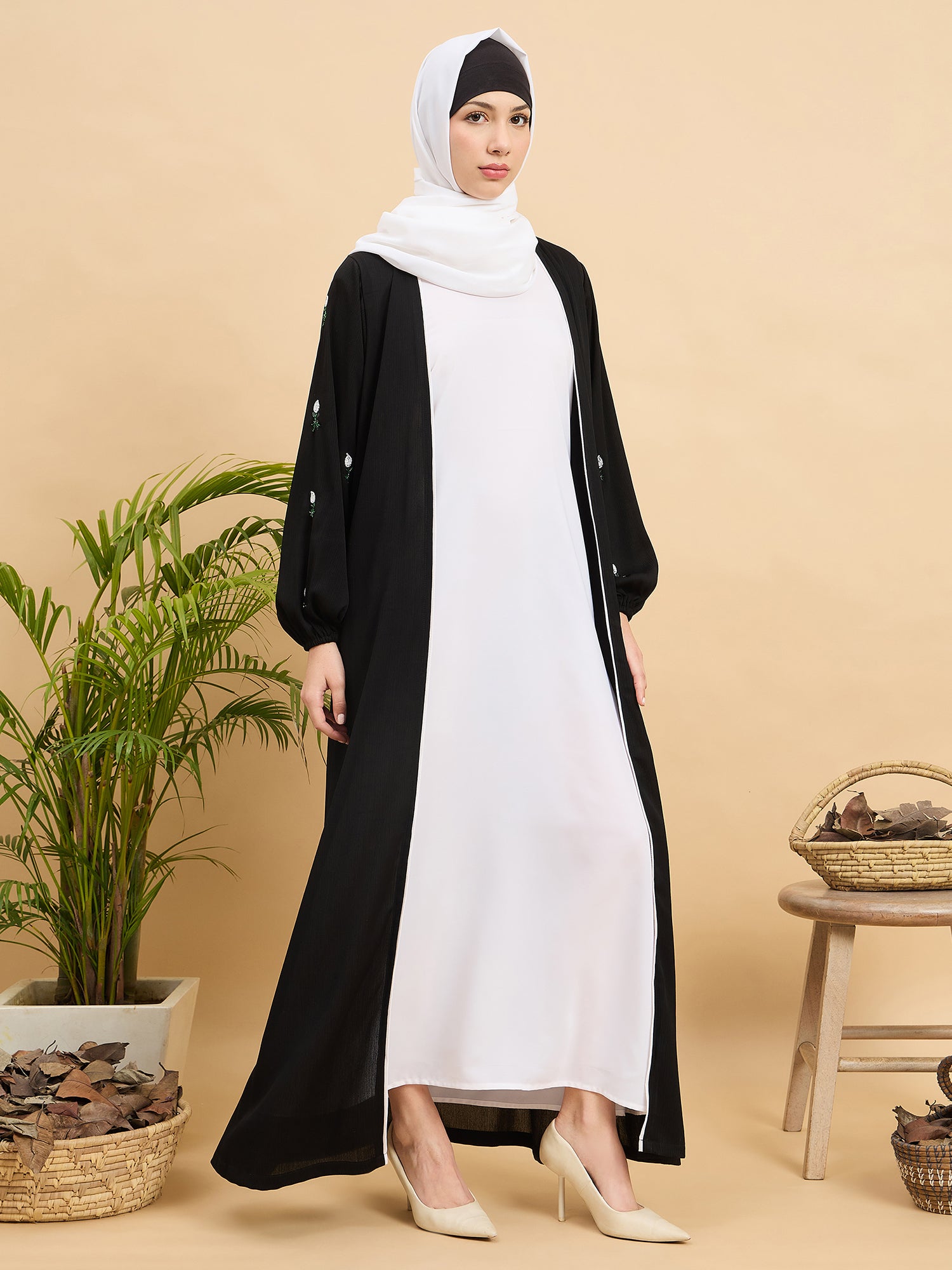 Modest Luxury Handworked Abaya with White Georgette Hijab