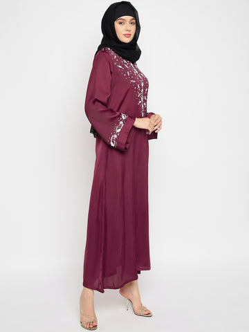 Hand Work Detailing Maroon Solid Luxury Abaya Burqa For Women With Black Georgette Hijab