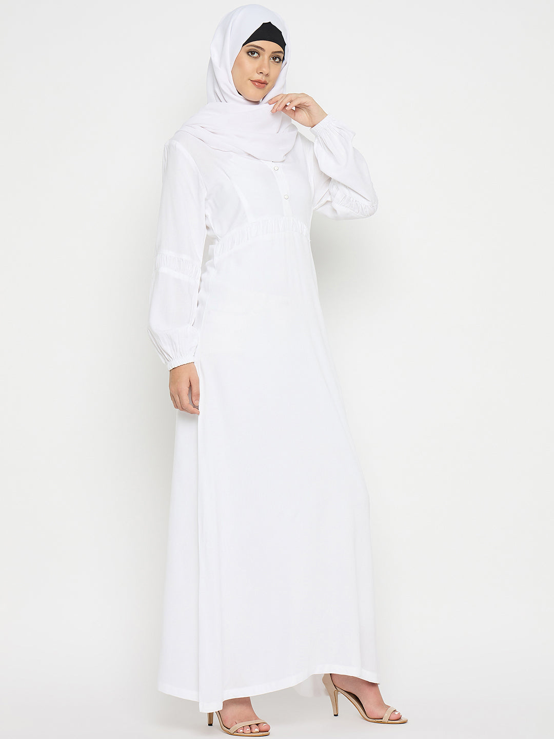 White Rayon V-Neck Solid Abaya with Black Hijab