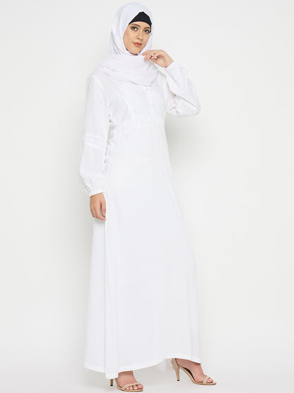 White Rayon V-Neck Solid Abaya with Black Hijab