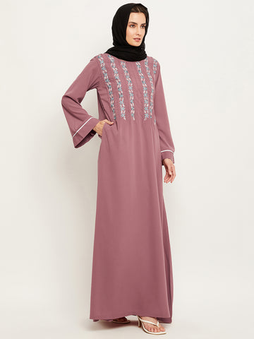 Nabia Women Solid Puse Pink Abaya Burqa With Georgette Scarf