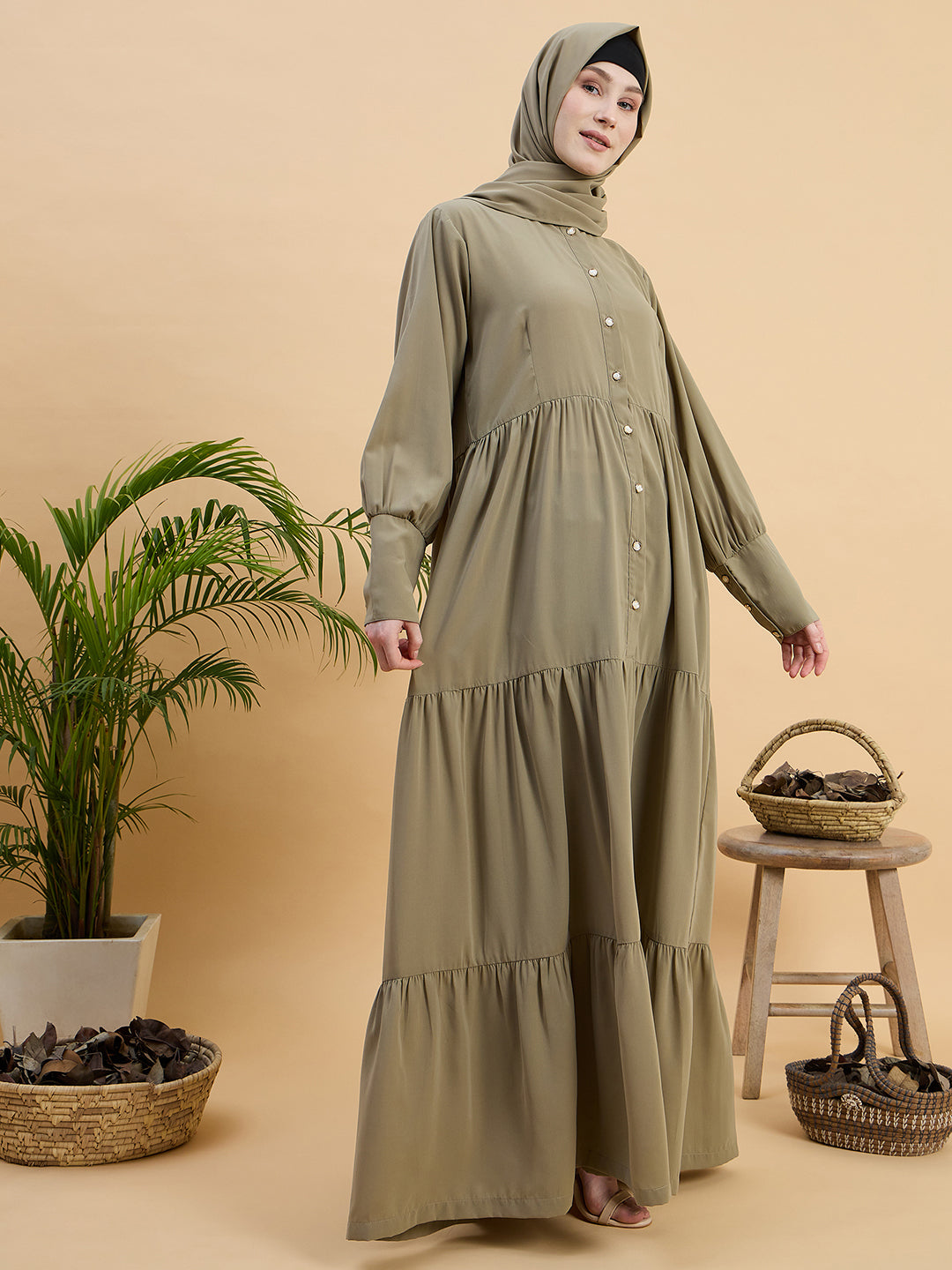 Women’s Beige Abaya Burqa with Matching Hijab