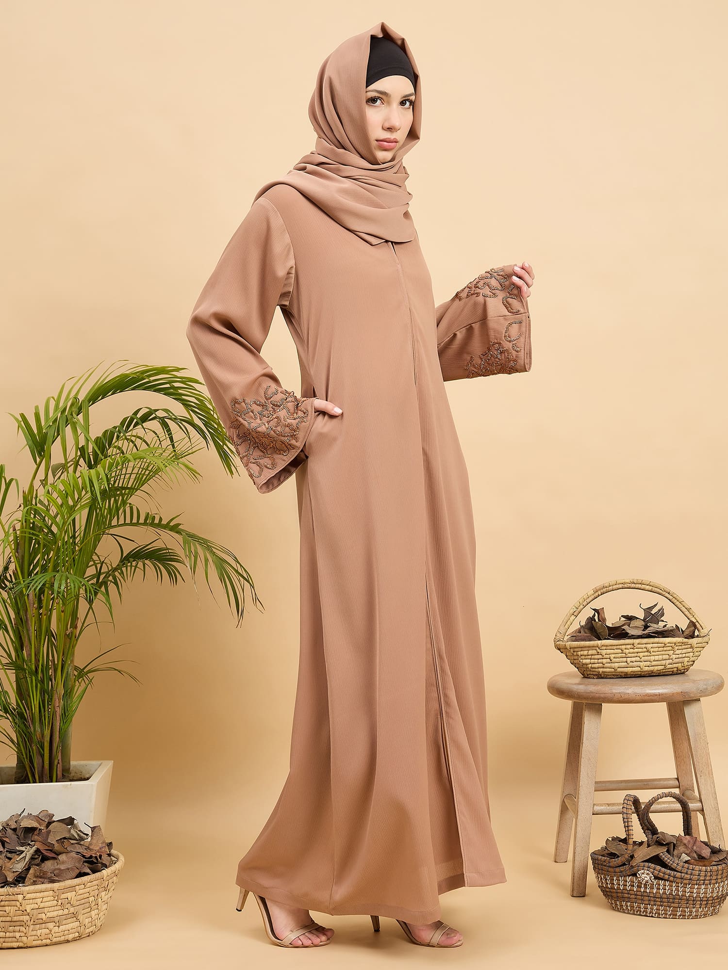 Modest Handworked Luxury Beige Abaya Burqa with Matching Hijab