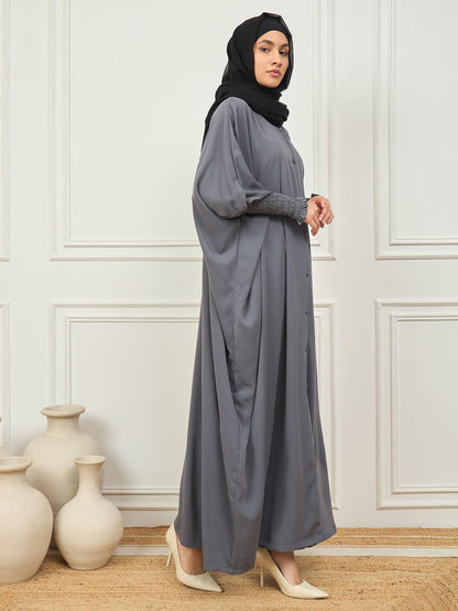 Nabia Grey Free Size Kaftan Abaya With Black Georgette Scarf