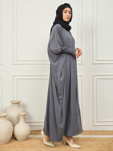 Nabia Grey Free Size Kaftan Abaya With Black Georgette Scarf