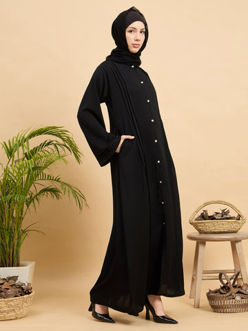 Black Solid Modest Front Open Abaya Burqa with Black Georgette Hijab