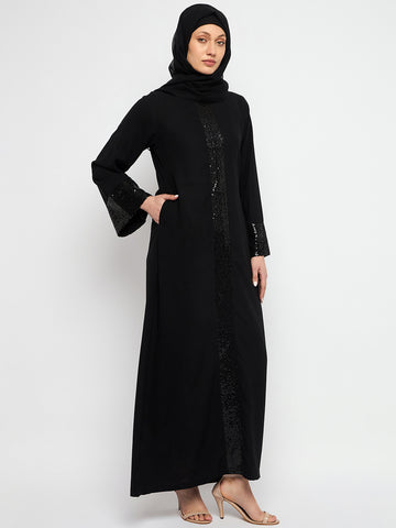 Nabia Embroidery Slip-On Closure Round Neck Black Abaya Burqa With Black Scarf