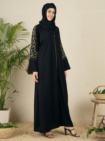 Front Open Black Embroidered Abaya with black hijab