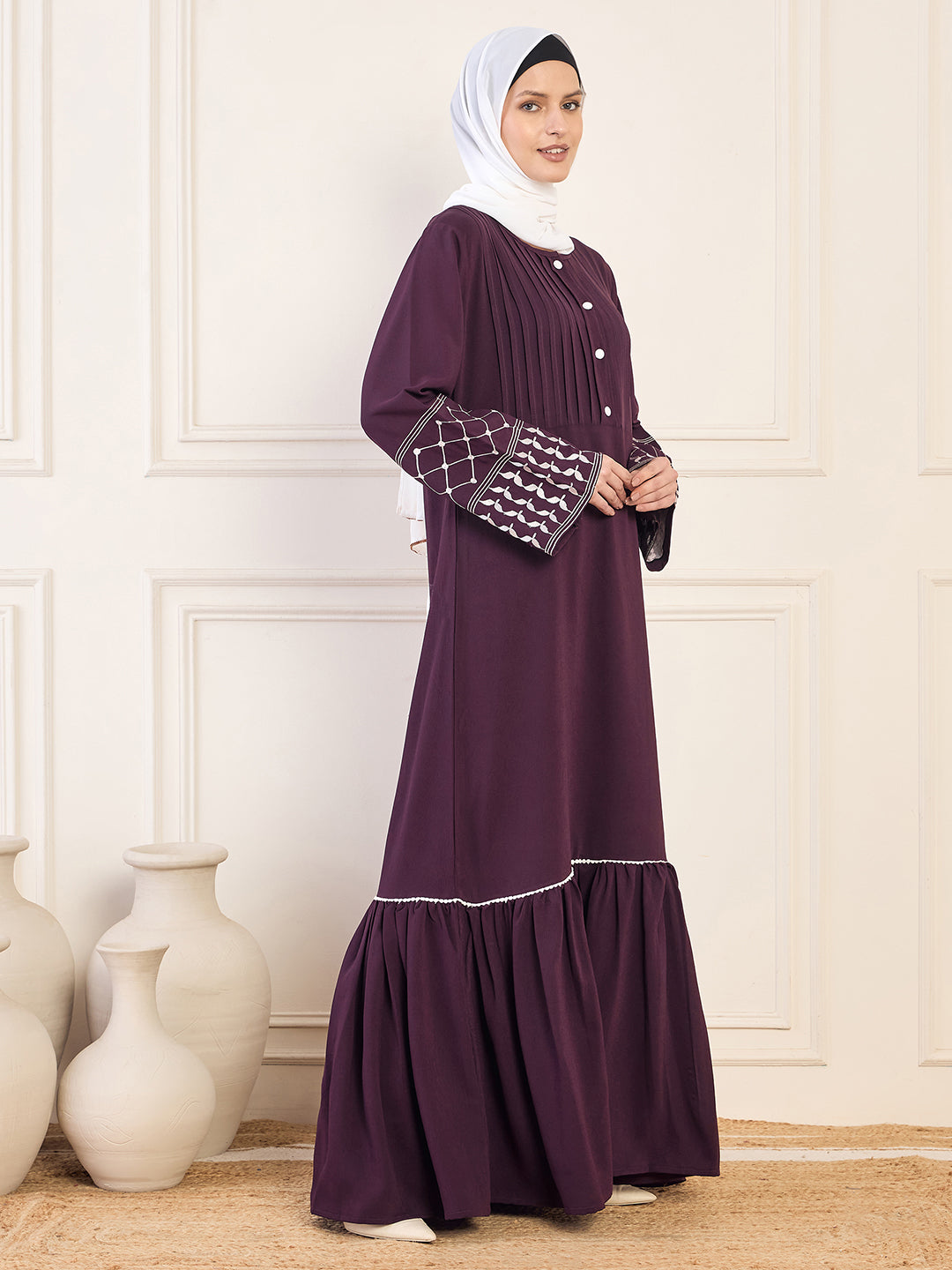 Nabia Women Kefiyyeh Embroidery Detailing Purple Solid Abaya Burqa With White Georgette Hijab
