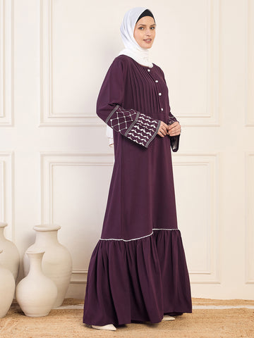 Nabia Women Kefiyyeh Embroidery Detailing Purple Solid Abaya Burqa With White Georgette Hijab