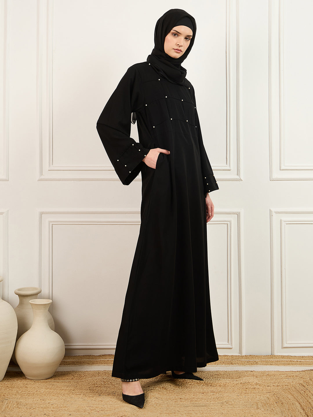 Nabia's Pearl design black Solid abaya burqa with Matching Georgette Hijab