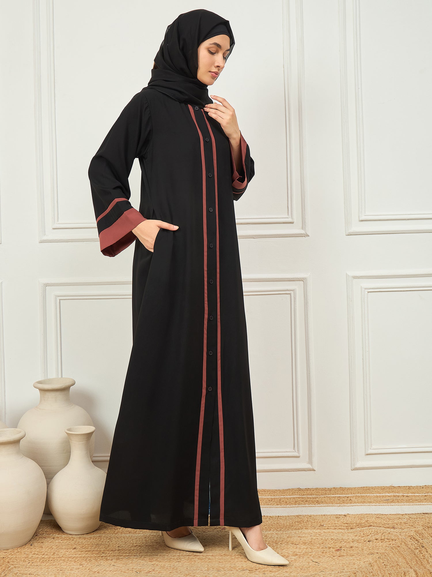Nabia's two-colored black and rust Front Open abaya burqa with Black Georgette Hijab
