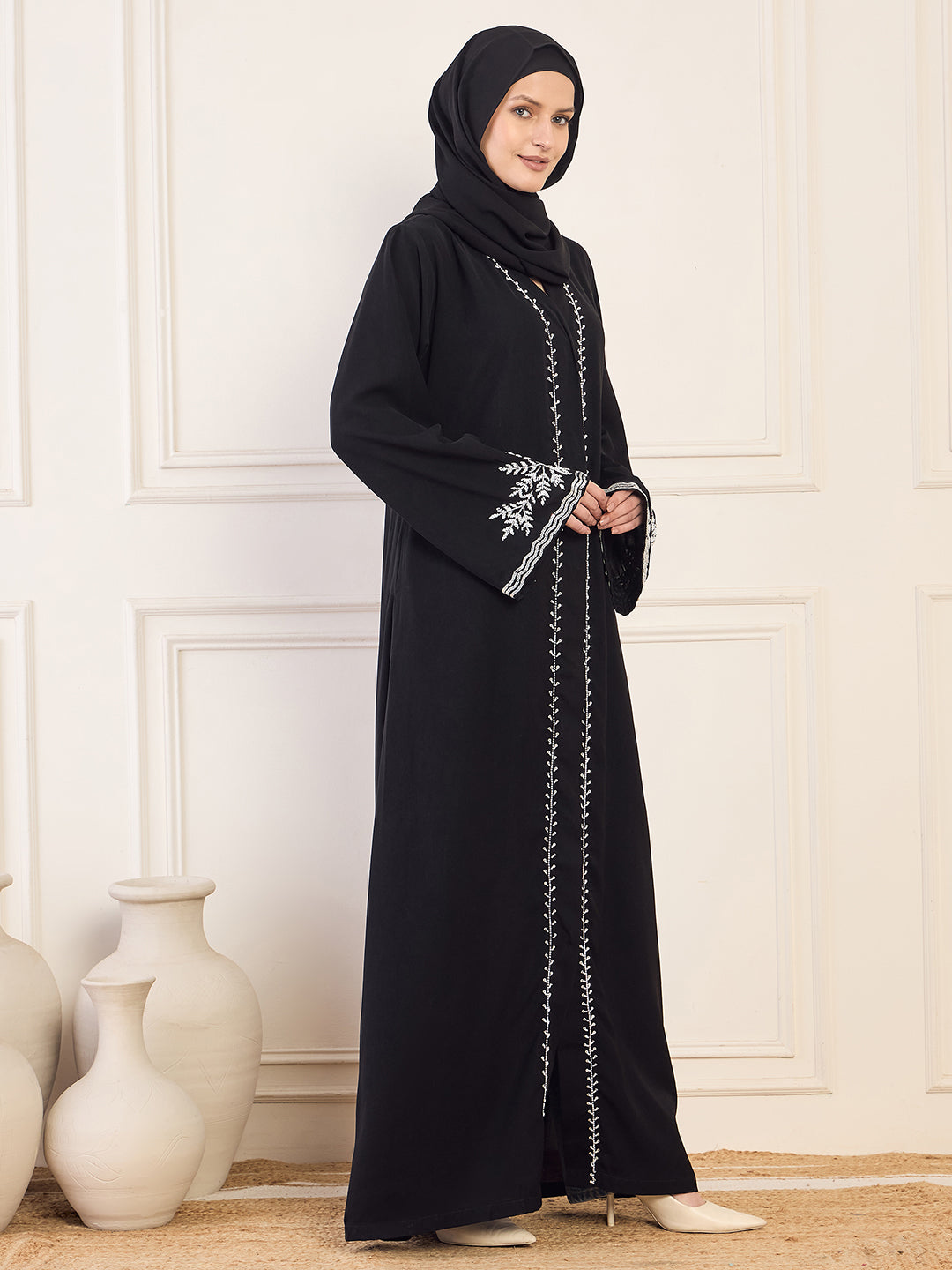 Nabia Black Handwork  Front Open Abaya for Women with Black Hijab