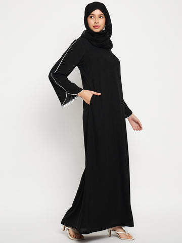 Black Solid White Piping Design A-line Abaya with Black Scarf
