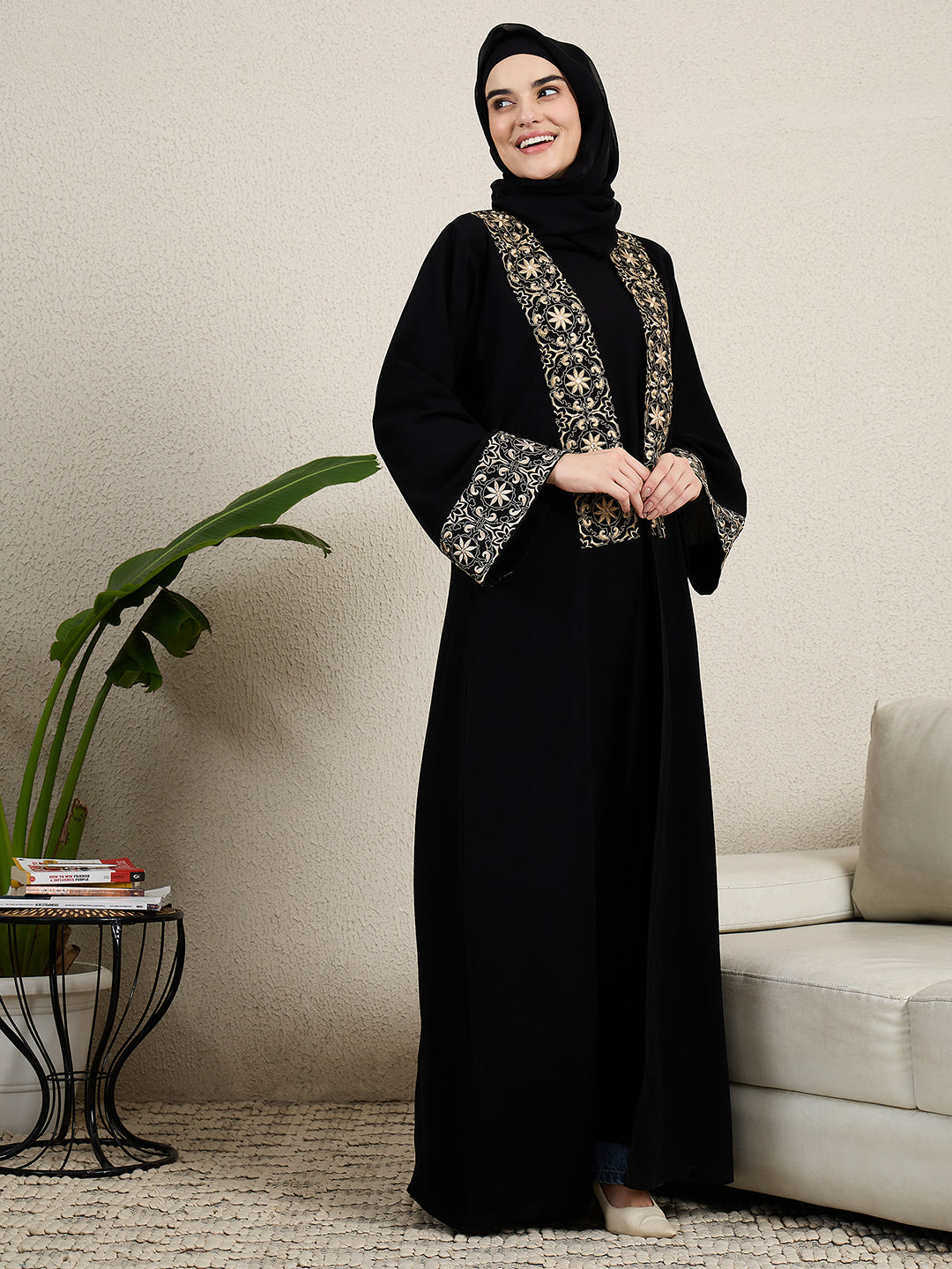 2 Piece Embroidered Black Shrug Set Abaya with Black Hijab