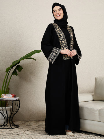 2 Piece Embroidered Black Shrug Set Abaya with Black Hijab