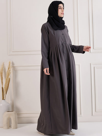 Nabia Grey Front Open Abaya with Black Georgette Hijab