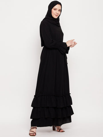Nabia Women Black Frill Nida Matte Fabric Abaya Burqa With Black Georgette Scarf