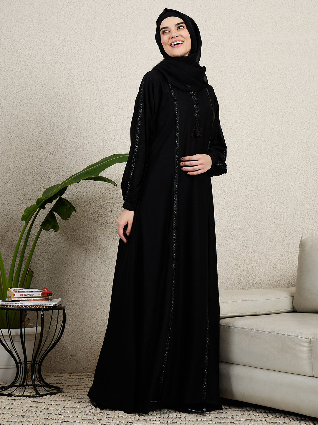 Elegant Black Embroidered Abaya for women with black hijab