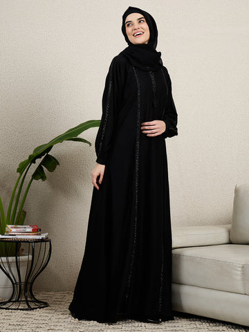 Elegant Black Embroidered Abaya for women with black hijab