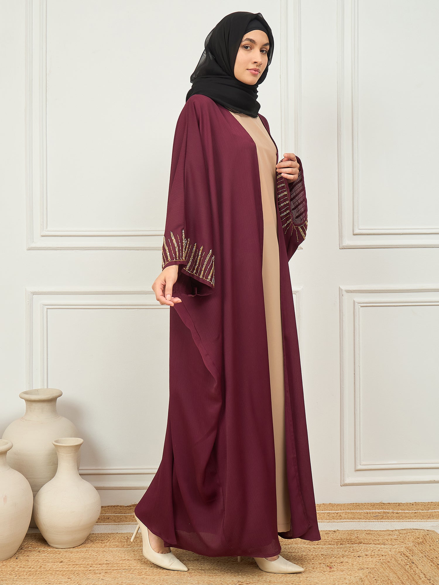 Nabia's Women 2 Piece Maroon and Beige Solid Luxury Handworked Shrug Abaya with Black Georgette Hijab