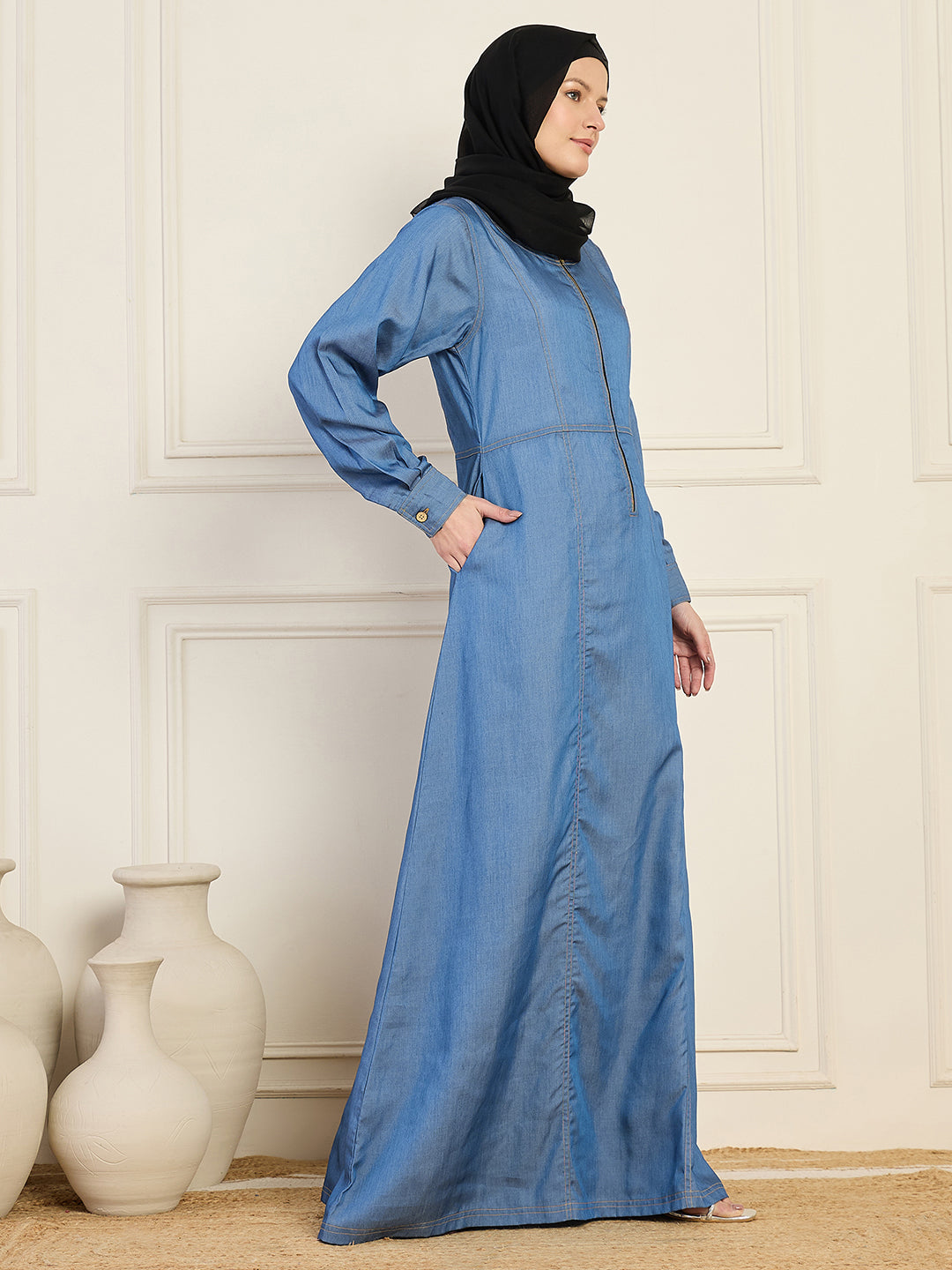 Nabia Denim Abaya With Black Georgette Hijab