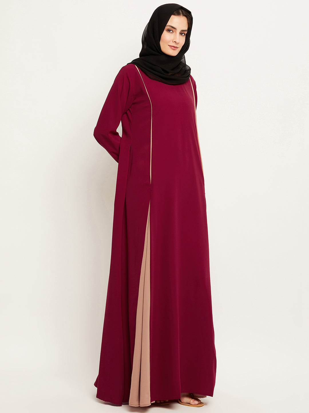 Nabia Women Solid Maroon and Beige Abaya Burqa With Georgette Scarf