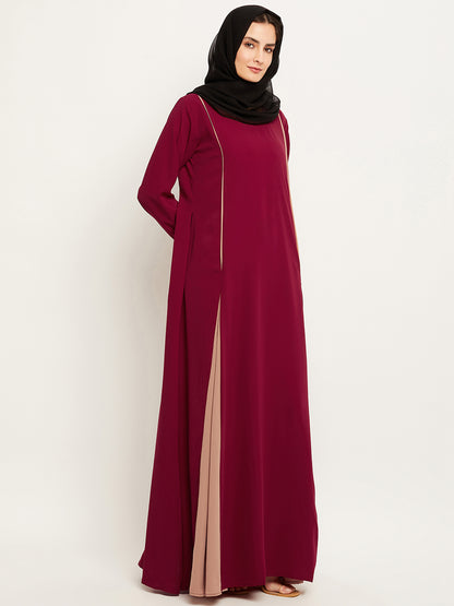 Nabia Women Solid Maroon and Beige Abaya Burqa with Georgette Scarf