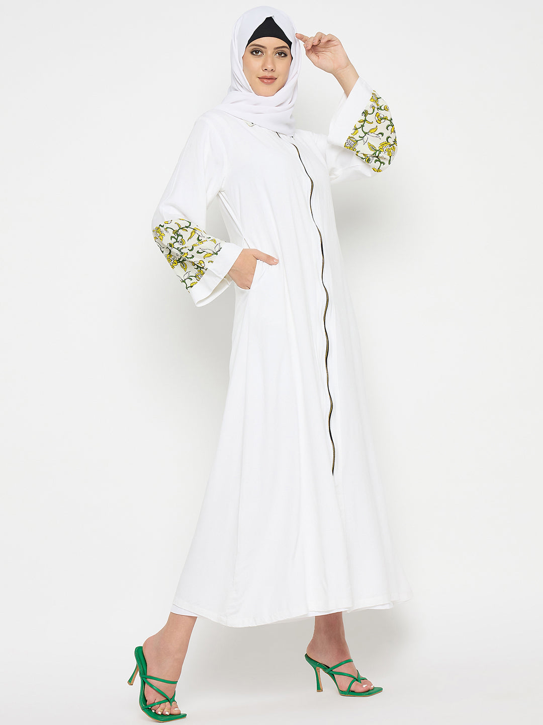 White Rayon Front Zip Closure Abaya Burqa with Black Hijab