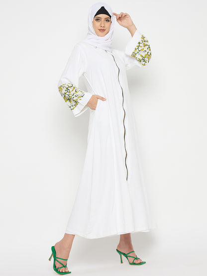 White Rayon Front Zip Closure Abaya Burqa with Black Hijab