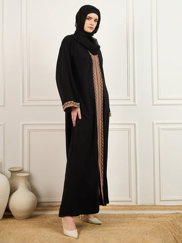 Nabia's Women Black and Beige Solid Luxury Handworked Abaya Burqa with Black Georgette Hijab