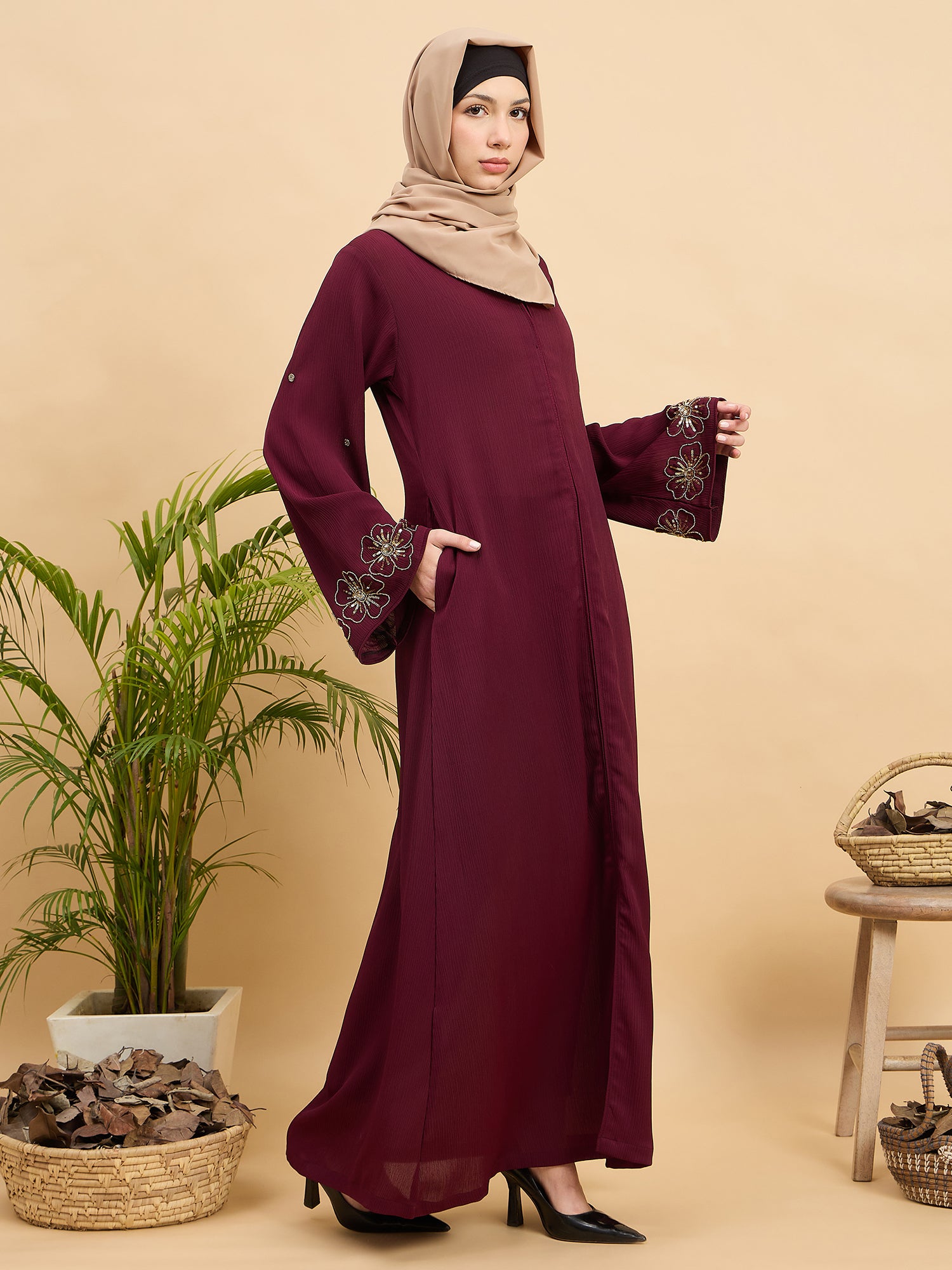 Modest Handworked Luxury Maroon Abaya Burqa with Beige Hijab