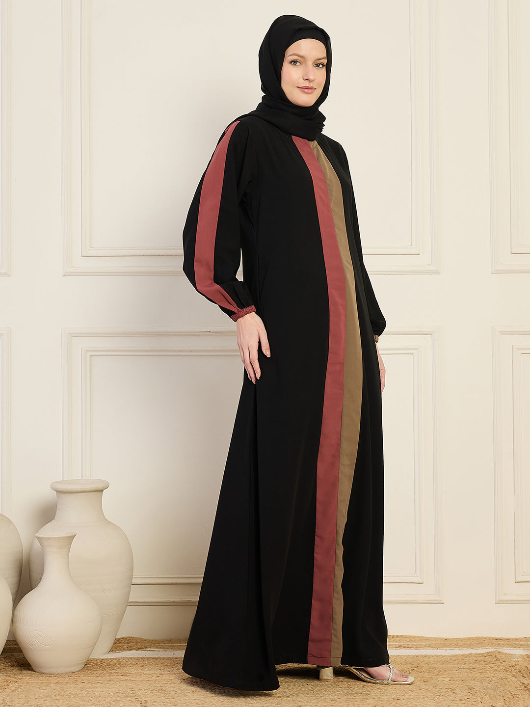 Nabia Black Three Color Design Abaya  With Georgette Hijab