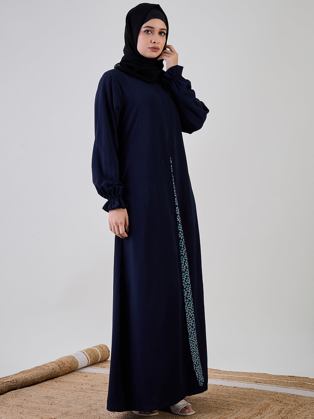 Nabia Blue A-line Abaya with Black Georgette Hijab