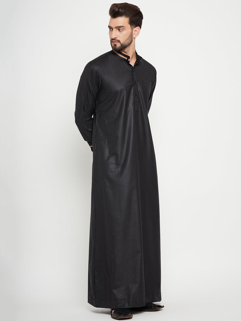 Nabia Black Solid Mens Band Collar Thobe / Jubba with Beige Piping Design