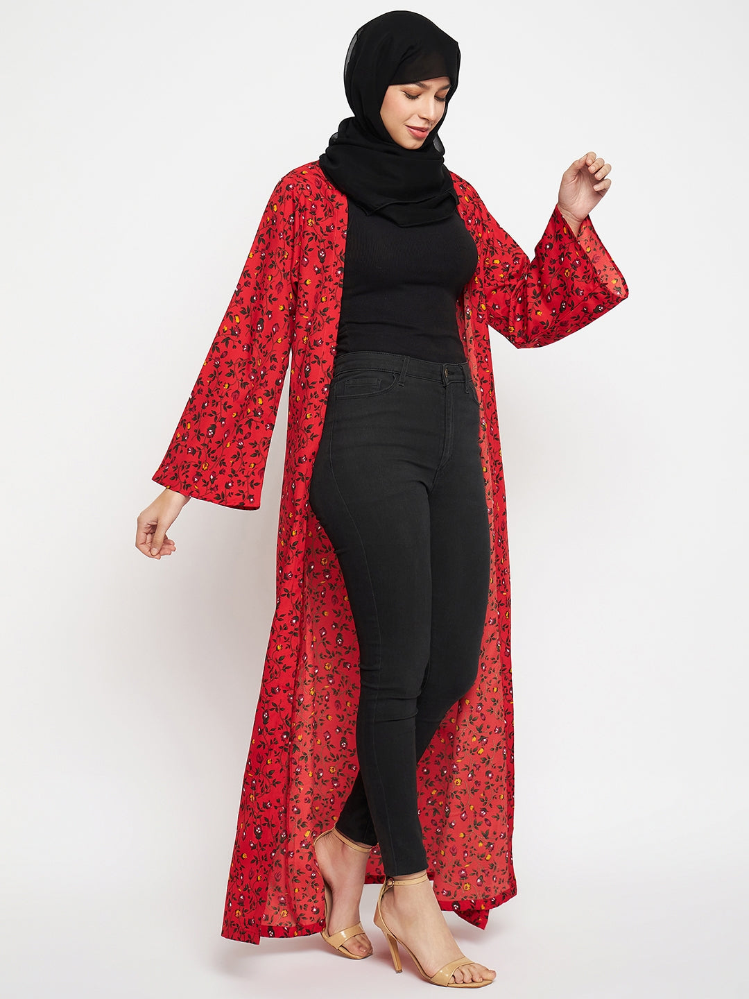 Nabia Women Red Floral Printed Front Open Shrug With Black Scarf